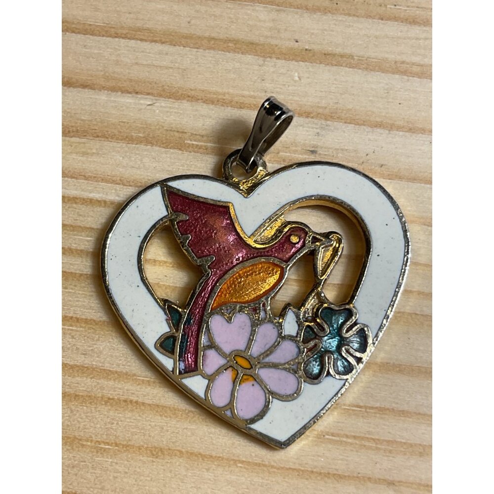 Vintage Cloisonne Heart-Shaped Enamel Pendant Bird Floral Design Gold Tone